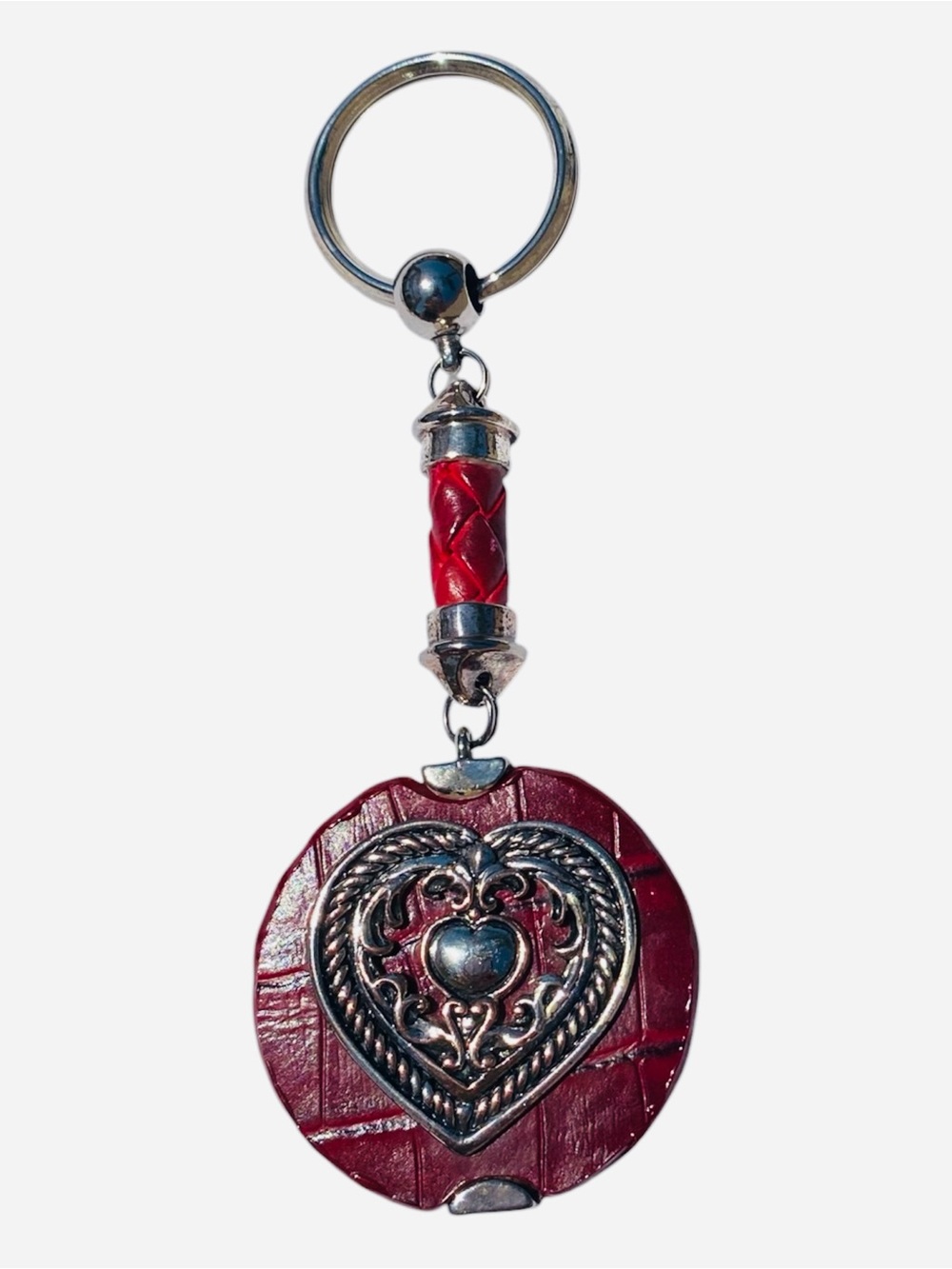 Brighton Red Leather Heart Keychain Silver Filigree Concho Western Vintage